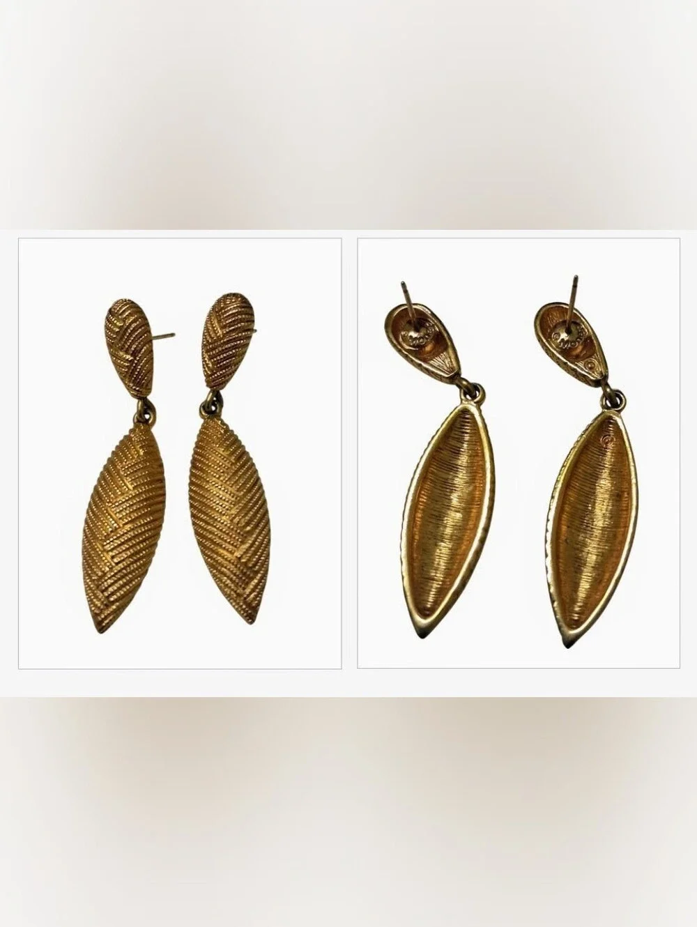 Vintage Signed Monet Gold-Tone Crosshatch Textured Dangle Earrings